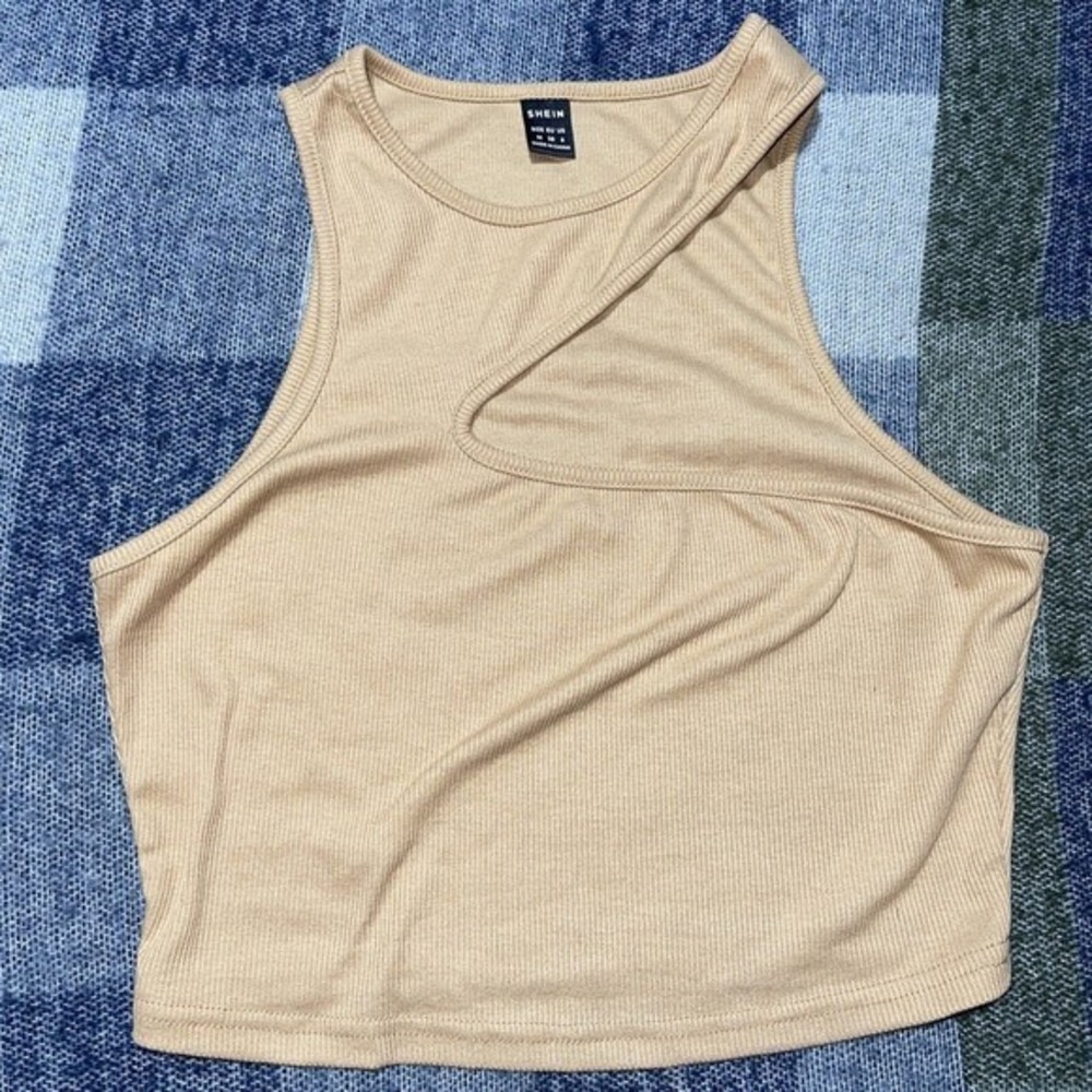 SHEIN Beige Ribbed Asymmetrical Cutout Tank Top Women's Size‎ S